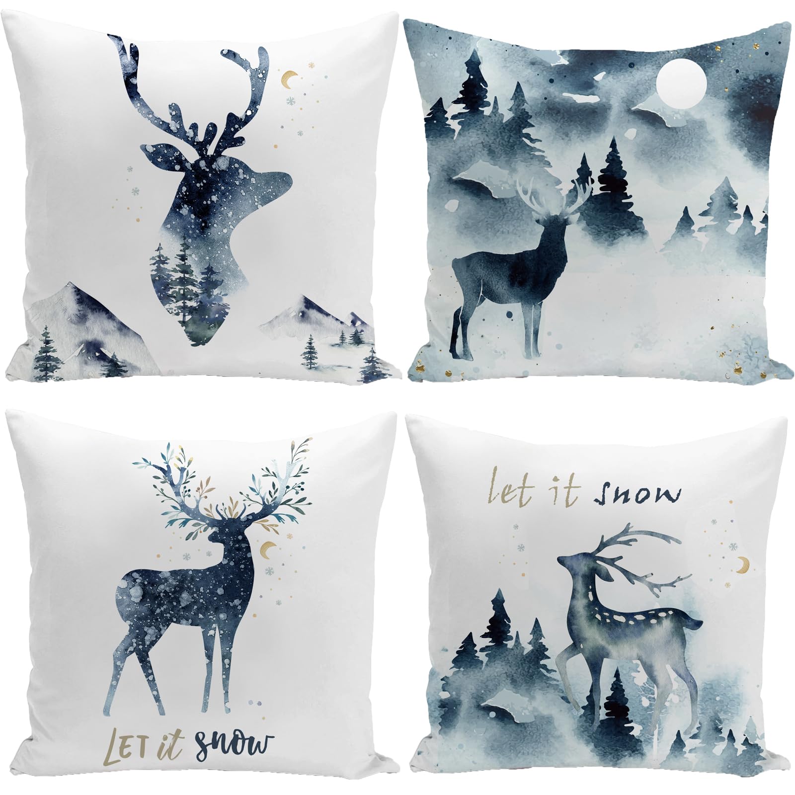 KUNQIAN Christmas Cushion Covers Xmas Decorations Stag Navy Blue White Throw Pillow Cover 18x18 Inch Set of 4 Decor For Sofa Living Room Home 45x45cm — image 1