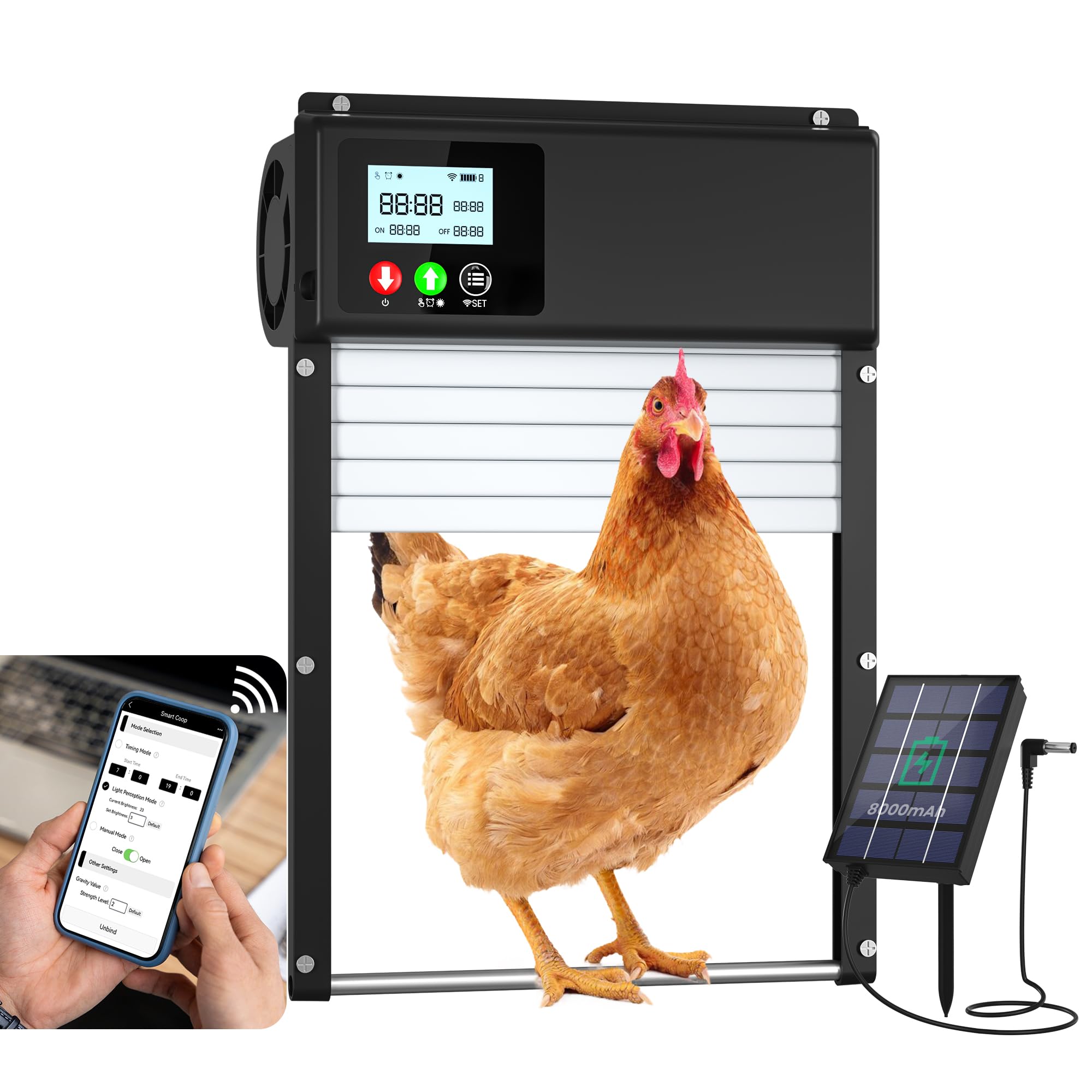 Photo 1 of Automatic Chicken Coop Door WiFi Remote Control, Solar Powered Automatic Chicken Door Opener with 8000mAh Battery, Auto Chicken Coop Door Timer & Light Sensor, LCD Display Aluminum Anti-Pinch Design