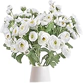 ICBOX Ranunculus Artificial Flowers 5PCS Faux Peonies White Silk Ranunculus Flowers with Stems 21.65" Real Look Fake Flowers Bulk for DIY Wedding Bridal Shower Table Centerpieces Home Decor(White)