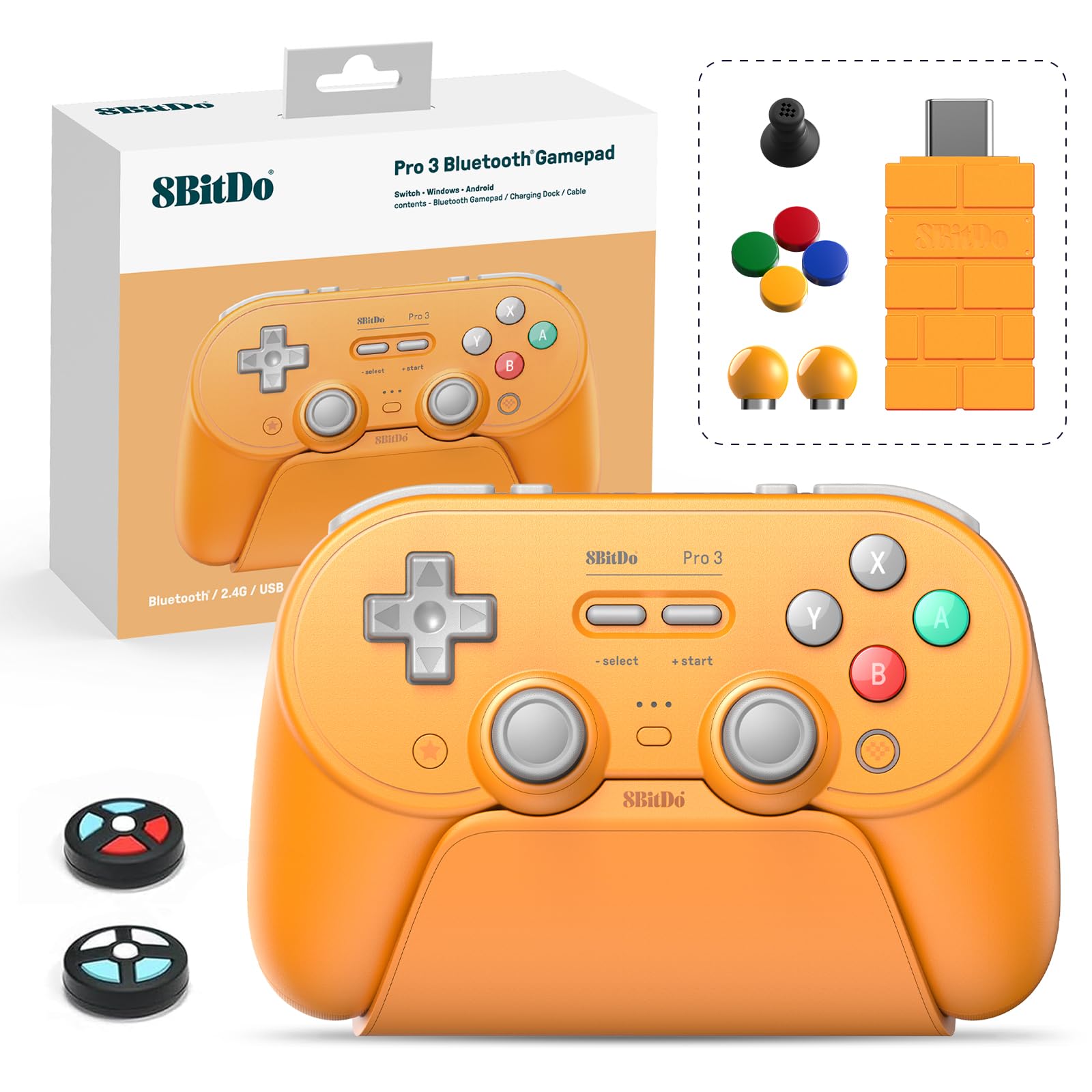 8Bitdo Pro 3 Bluetooth Controller with TMR Joysticks, Swappable ABXY Buttons, Pro Back Buttons, Charging Dock, Hall Effect Triggers for Switch/Switch 2, Windows, Apple, SteamOS, Android (Orange)