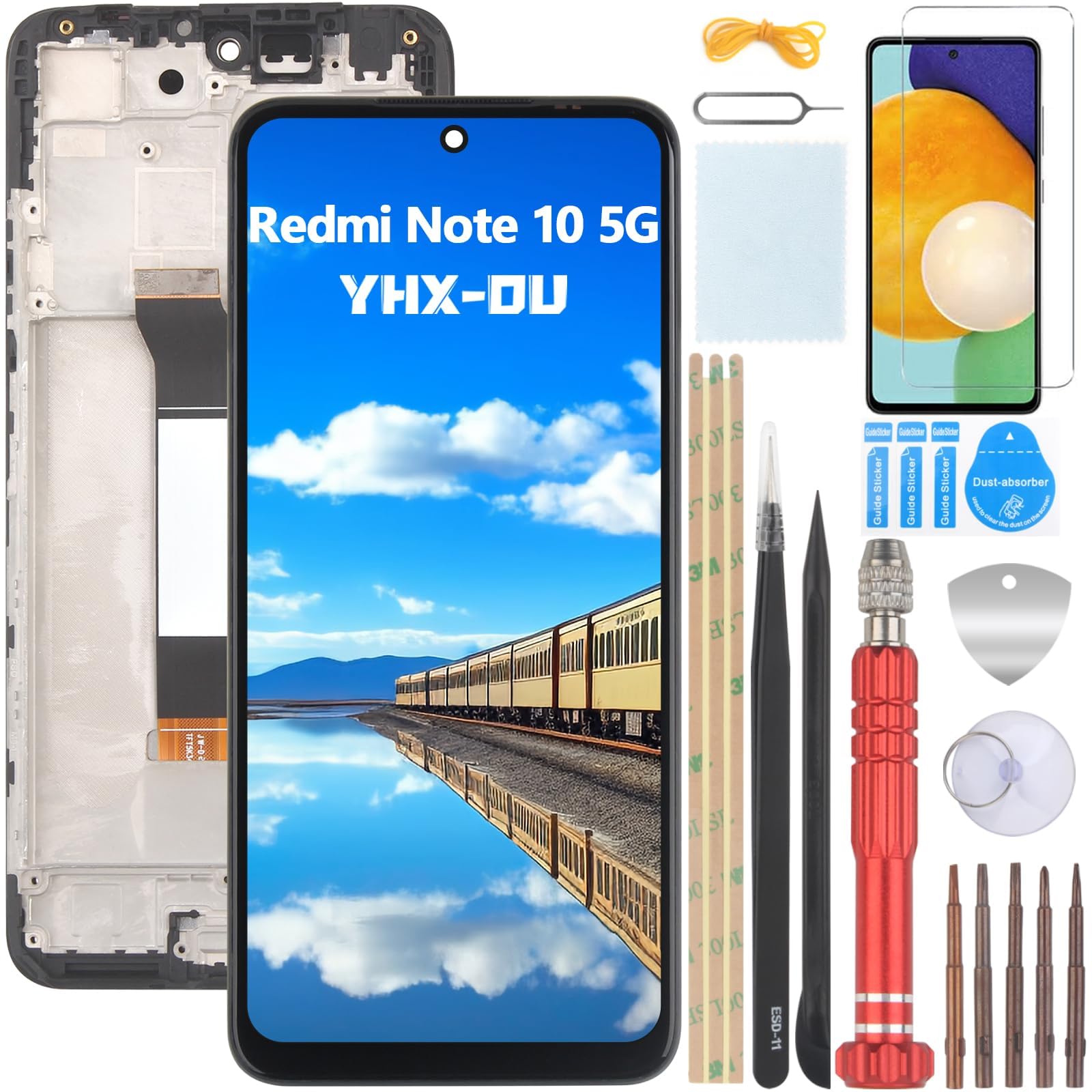 YHX-OU 6.5 Inch Black + Frame Display for Xiaomi Redmi Note 10 5G M2103K19G M2103K19C LCD Display Touch Screen Replacement Screen Glass Assembly with Tools + 1 Piece Screen Protector