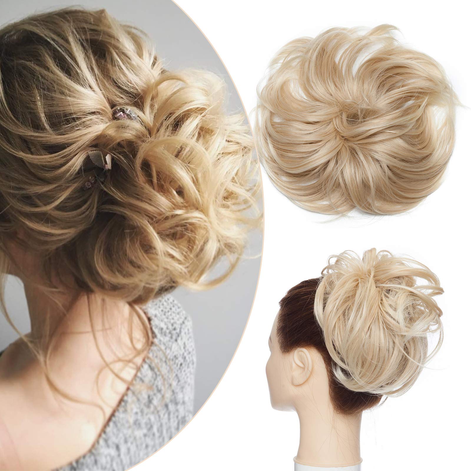 Thick Tousled Updo Messy Hair Bun Short Ponytail Hair Extension With Elastic Band Up do Scrunchies Hairpiece for Women [Dark Blonde & Bleach Blonde] — image 1