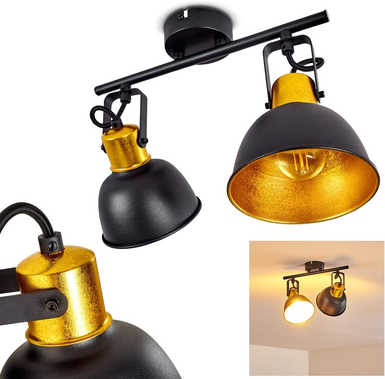 Plafoniera Blackburn,in metallo nero/oro, a 2