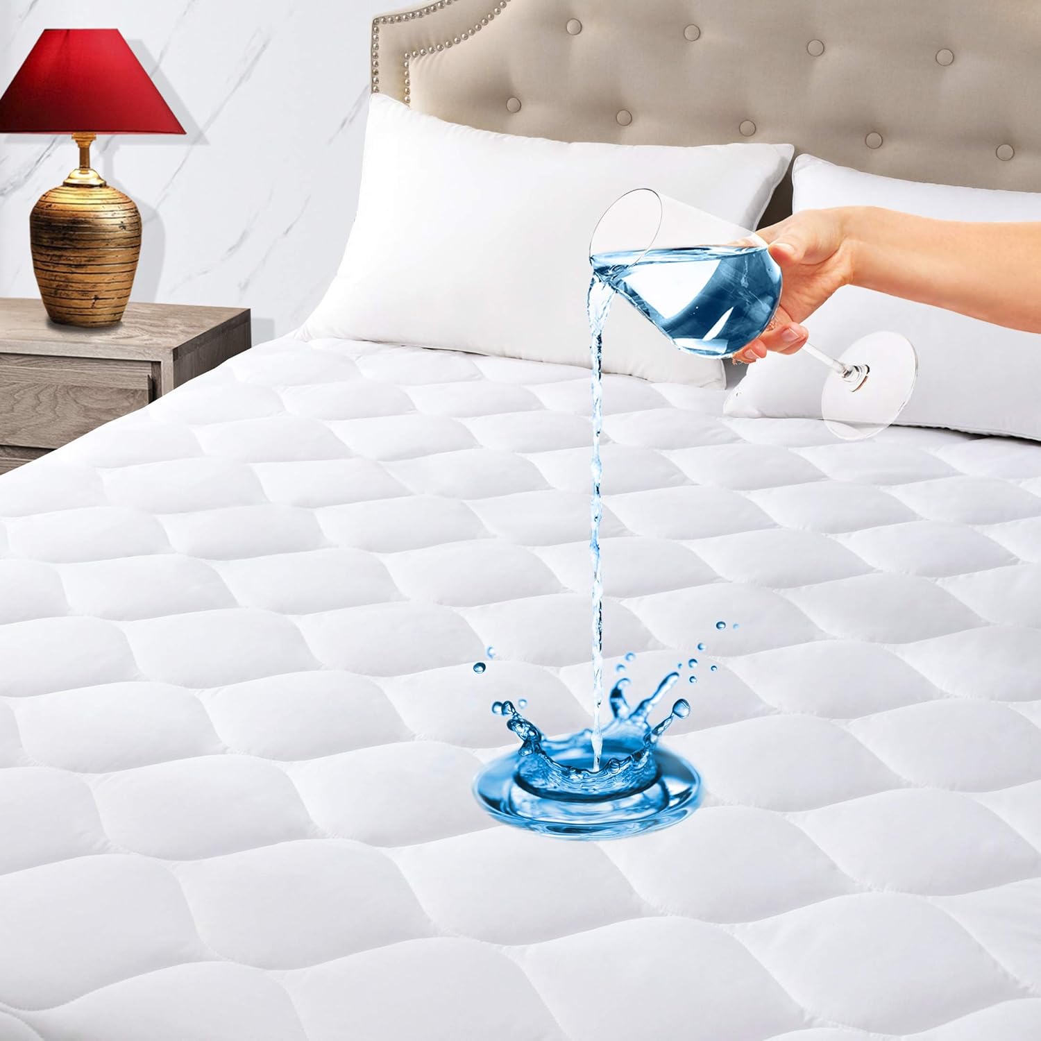 King Quilted Fitted Waterproof Mattress Pad, Premium Filling Mattress Cover, Breathable, Quiet, Cooling, Hypoallergenic, Machine-Washable Mattress Protector with Deep Pocket, Vinyl Free