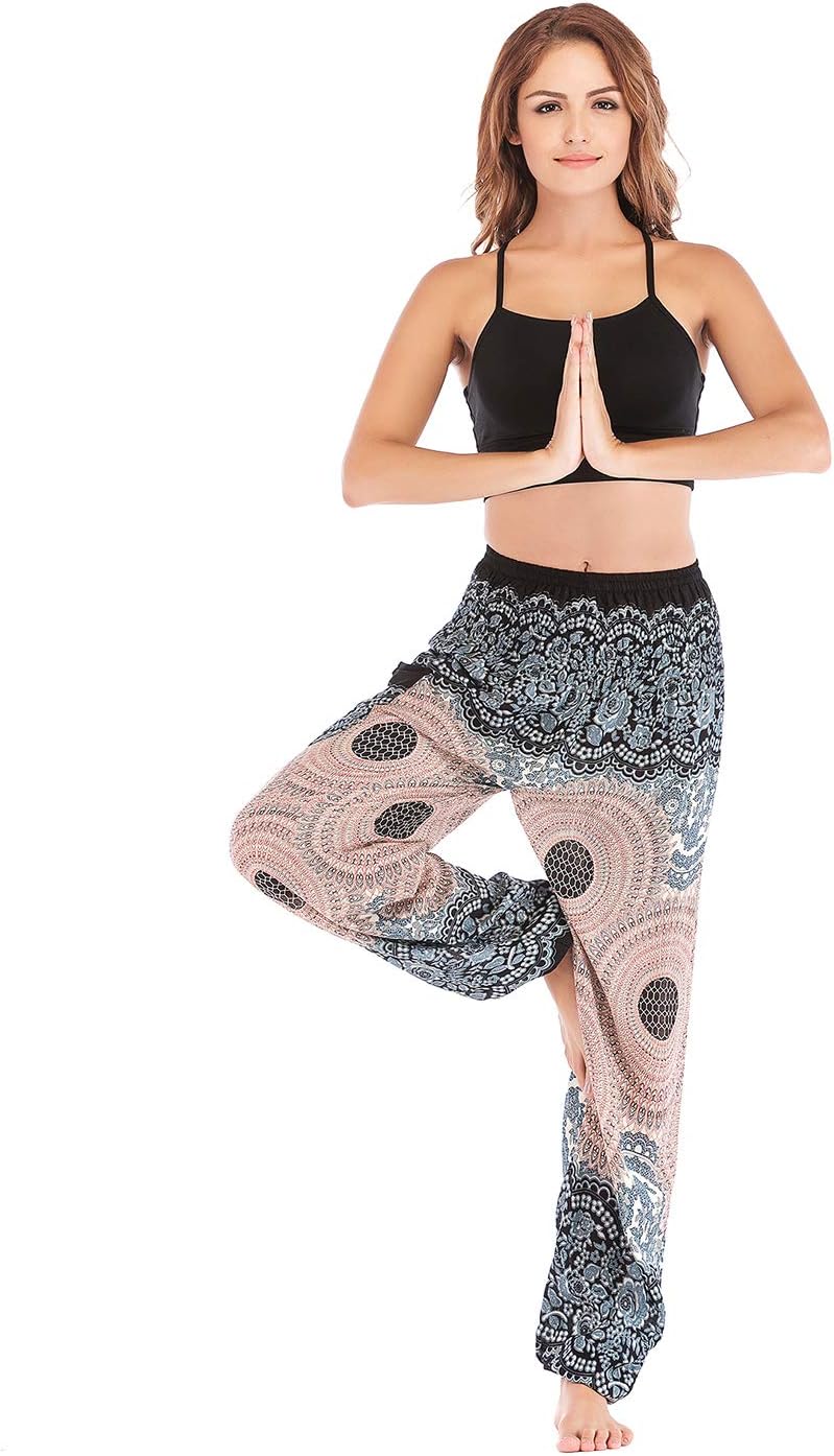 Women's Thai Harem Trousers Boho High Waist Loose Yoga Pants with Pockets