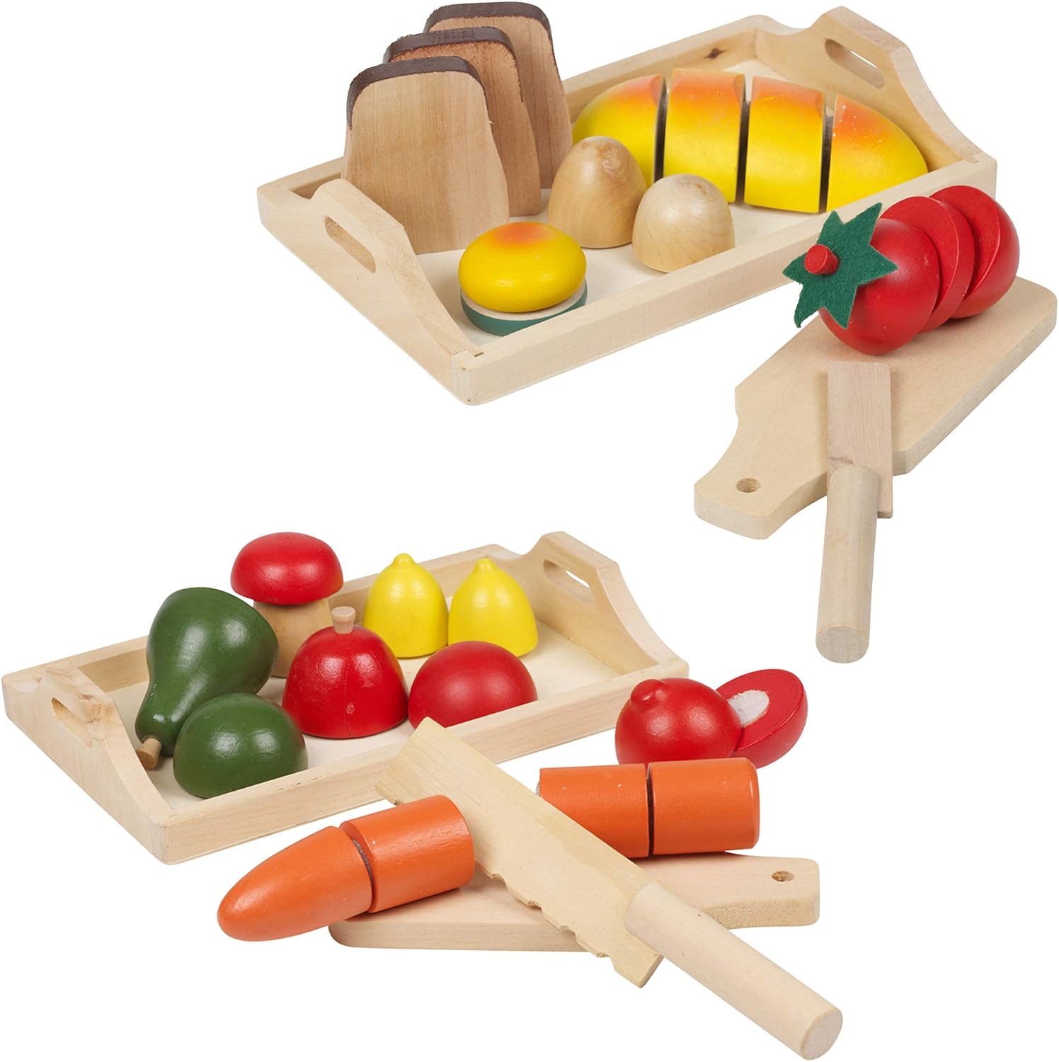 URBN-TOYS Large Set Of Wooden Fruit & Veg or Bread & Buns in Trays Pretend Play Food Cutting Toy (Fruit, Veg & Baked Goods)