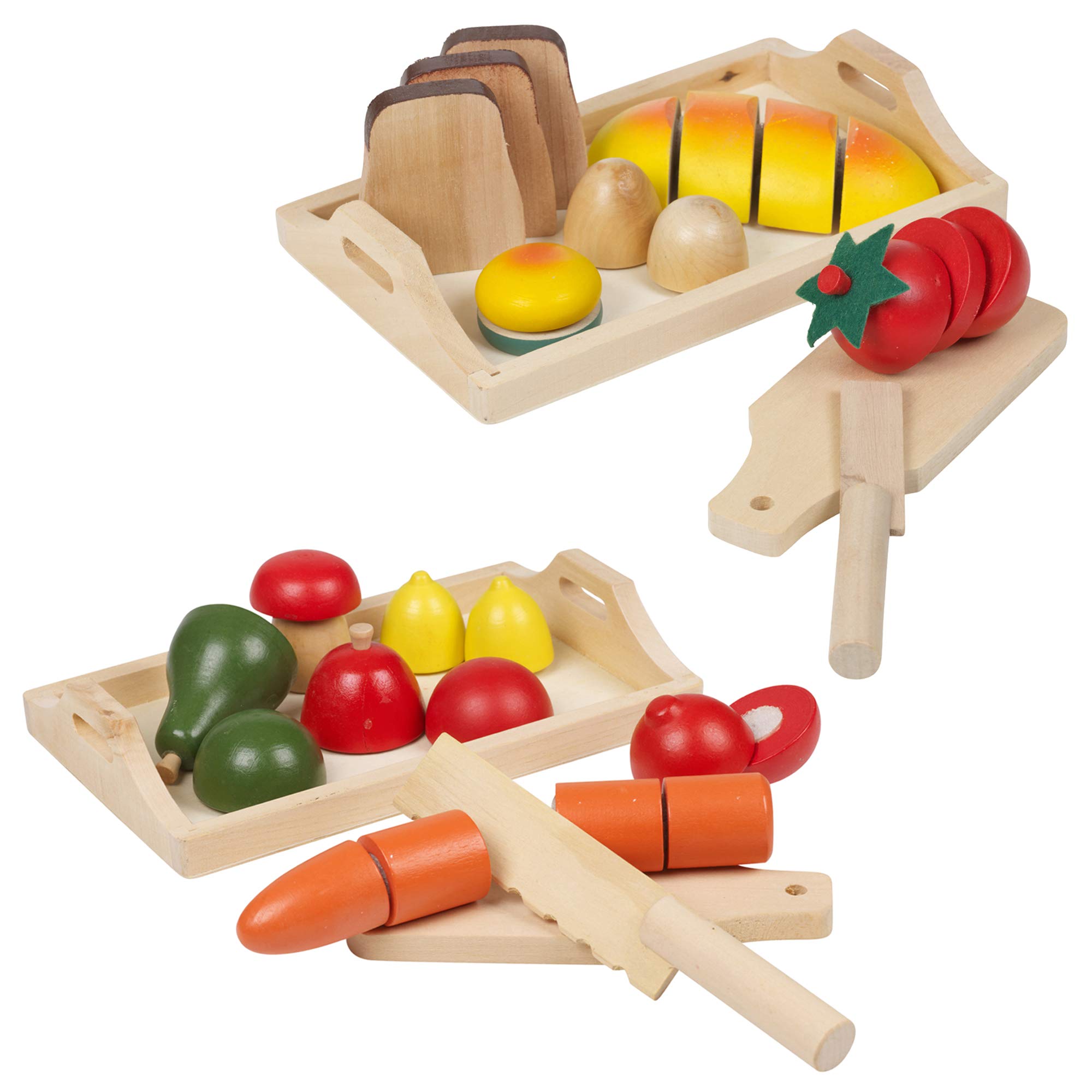 URBN-TOYS Large Set Of Wooden Fruit & Veg or Bread & Buns in Trays Pretend Play Food Cutting Toy (Fruit, Veg & Baked Goods)