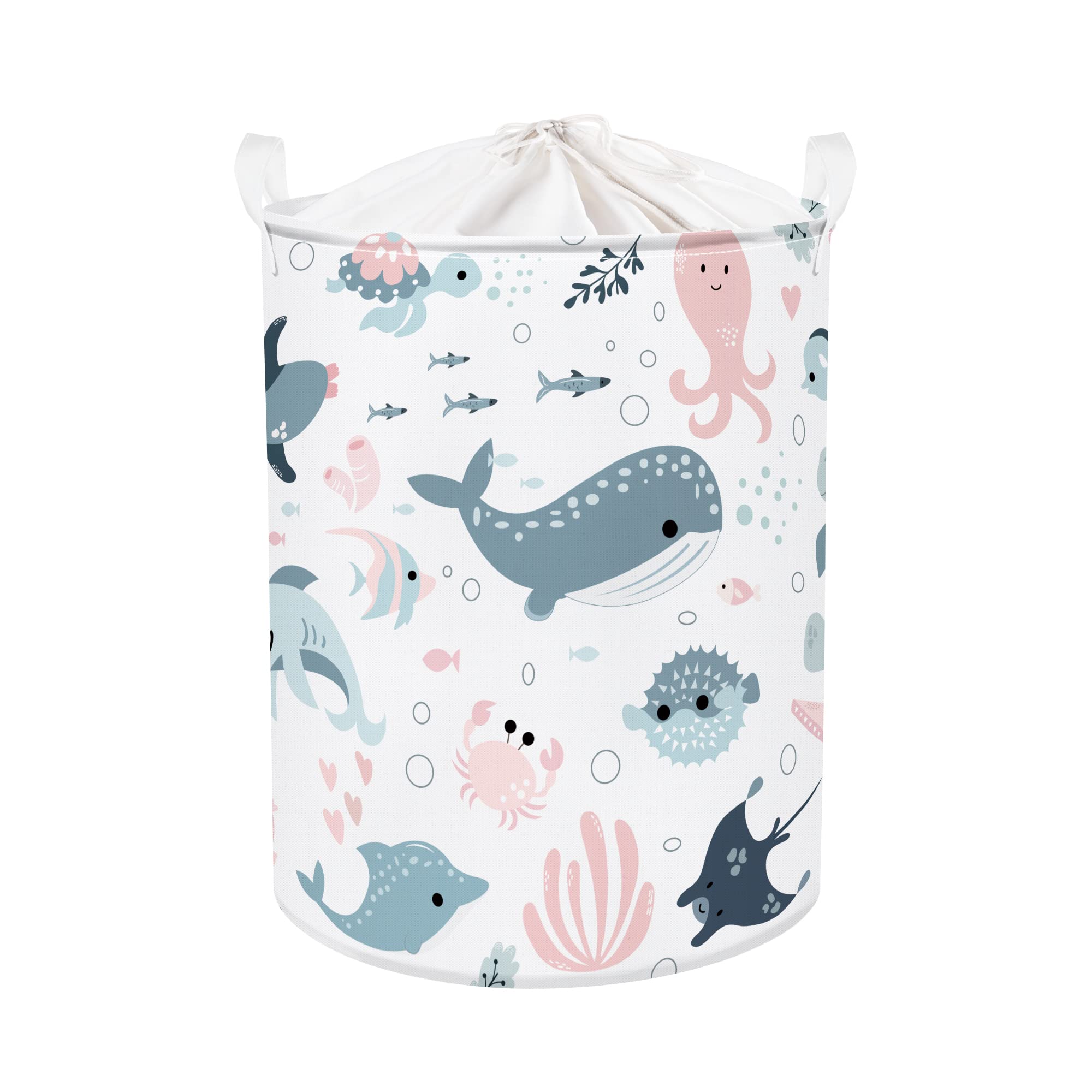 Clastyle Sea Animal Baby Laundry Hamper Crabs Clothes Kids Storage Basket Collapsible Boys Girls Toy Box for Nursery Room, Pink Whale, 36x45 cm