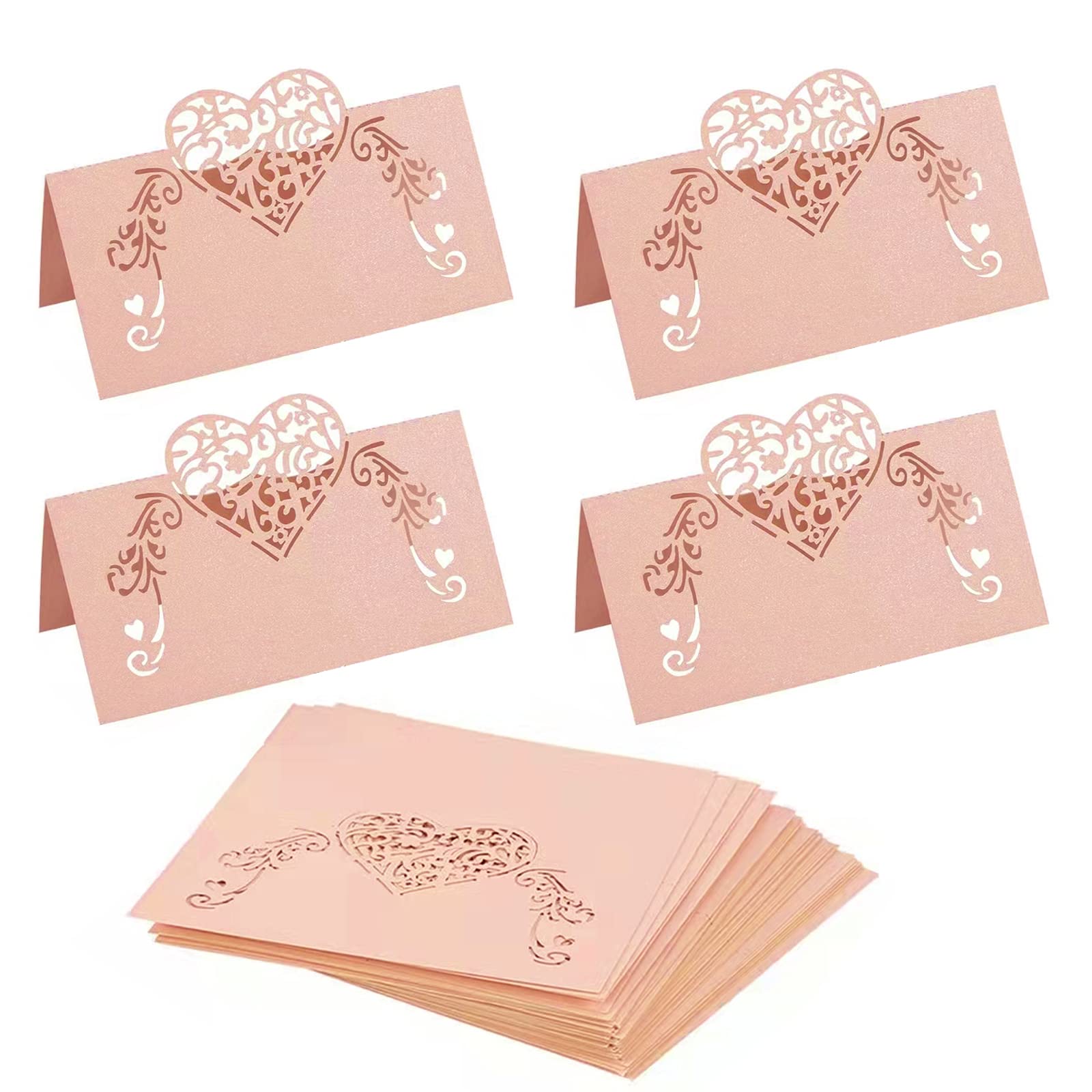 70 Pcs Heart Shaped Hollow Out Pink Place Cards Wedding Decoration Buffet Table Setting Name Place Cards for Wedding Baby Shower