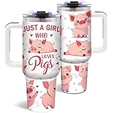 DUUV 40 Oz Pig Tumbler with Handle and Straw, Just A Girl Who Loves Pig Tumbler, Cute Stainless Steel Insulated Tumblers for Women, Christmas Birthday Mothers Day Gifts for Animal Lovers Women, 1PCS