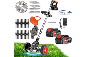 XBZZGMG Electric Weed Wacker Brush Cutter 21v 4.0Ah Battery Operated Weed Wacker - 3-in-1 Weed Wacker Cordless with Wheels Adjustable Lightweight Weed Trimmer - 4 Cutting Blade Types for Lawns Yard Garden