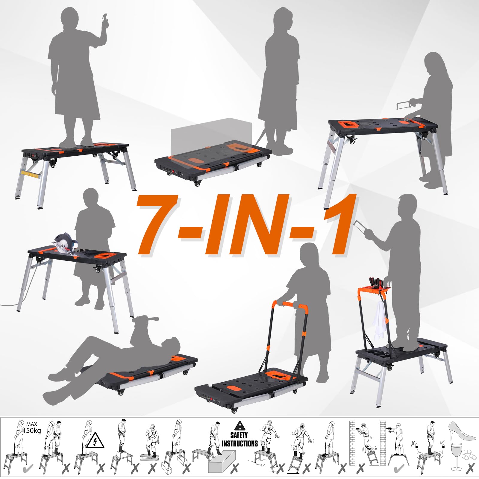 TLGREEN 7 in1 Klappbare Werkbank höhenverstellbar,Tragbare Werkbank Mobil,Arbeitstisch Klappbar,100-200kg Tragkraft,Multifunktionstisch mit 4 pcs Rollen,Werktisch Spanntisch für Werkstatt,Haus,Büro 8