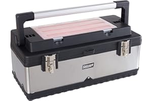 Portable Tool Box - 22-Inch Toolbox - Heavy Duty Plastic and Stainless Steel Metal Tool Box with 18-Bin Hardware Organizer with Clear Lid and Removable Tray - Craft Storage Box by Stalwart