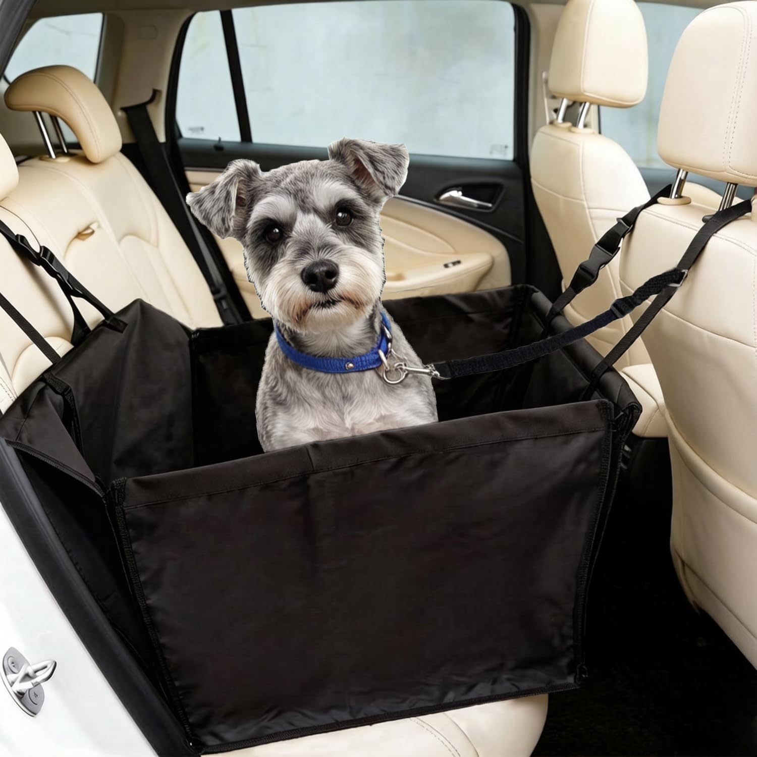 Waterproof Pet Dog Seat Cover Oxford Fabric Car Booster Seats Carrier Bag Portable Travel Car Dog Hammock Rear Seat Protector Zipper Nonslip Adjustable Anchors Seats Cover with SeatBelt