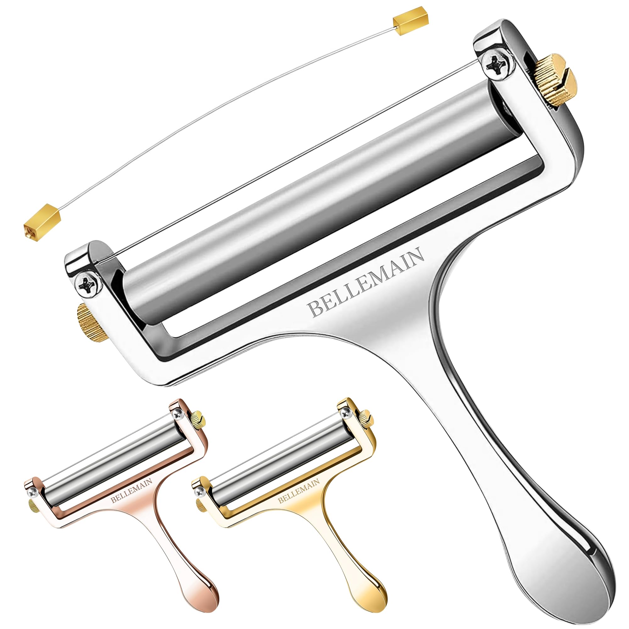Photo 1 of 1 pc. Bellemain Stainless Steel Wire Cheese Slicer - Hand Held Cutter for Cheddar, Gruyere, Raclette, Mozzarella Block, Adjustable Shaver, Thick & Thin Slicer, Curler (Silver)