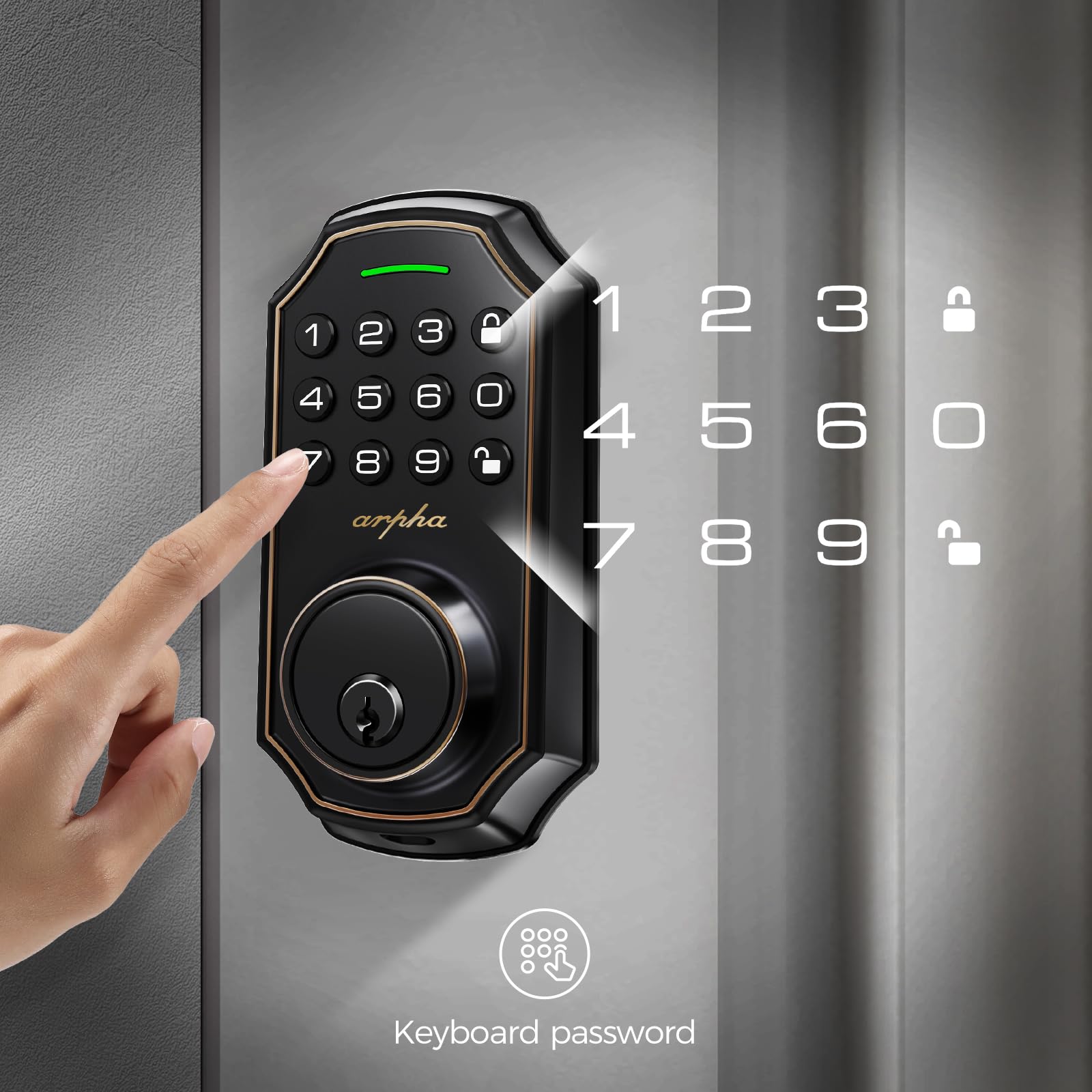 ARPHA Door Lock with Keypad - 100 Password Privacy Combinations, Keypad Entry, Automatic Lock/Unlock, One Touch Lock, Easy to Install Password Deadbolt, Door Lock Front Door