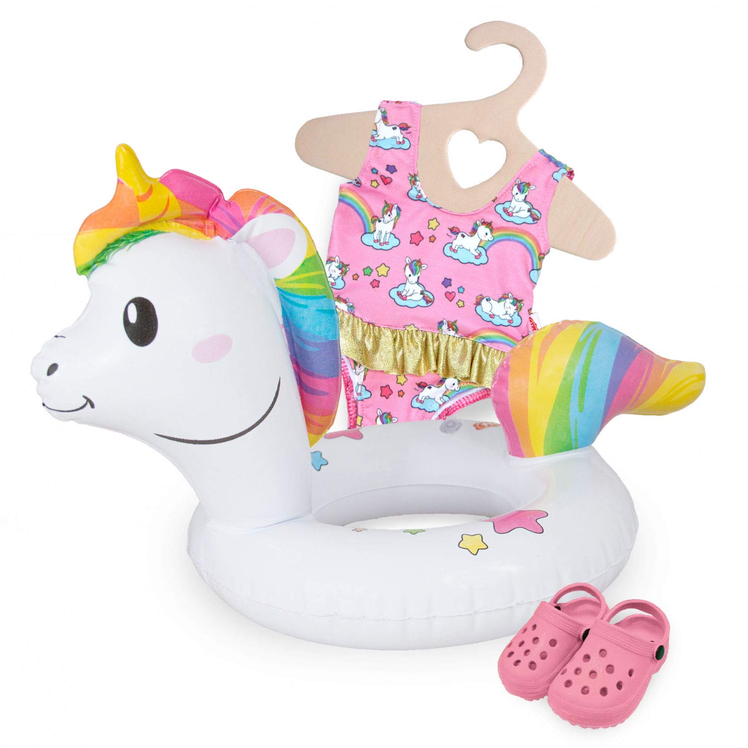Heless 661-3 Piece Swimming Set for Dolls - Henri Unicorn - Swimsuit, Clogs and Swimming Ring - Size 28-35 cm - For Bathing Fun on Hot Summer Days