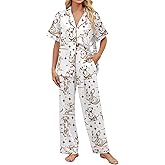 SHESHOW Satin Pajamas for Women Set Button Down Sleepwear Print Pjs Set 2 Piece Short Sleeve Long Loungewear Size XS-XXL