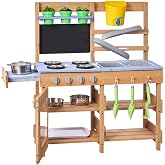 VEVOR Mud Kitchen, Outdoor Mud Kitchen for Kids, Wood Outdoor Play Kitchens with Stoves, Hooks, Sinks, Planting Shovels, Spatulas, Handle, Cookware Pots and Accessories, Play with Water and Sand