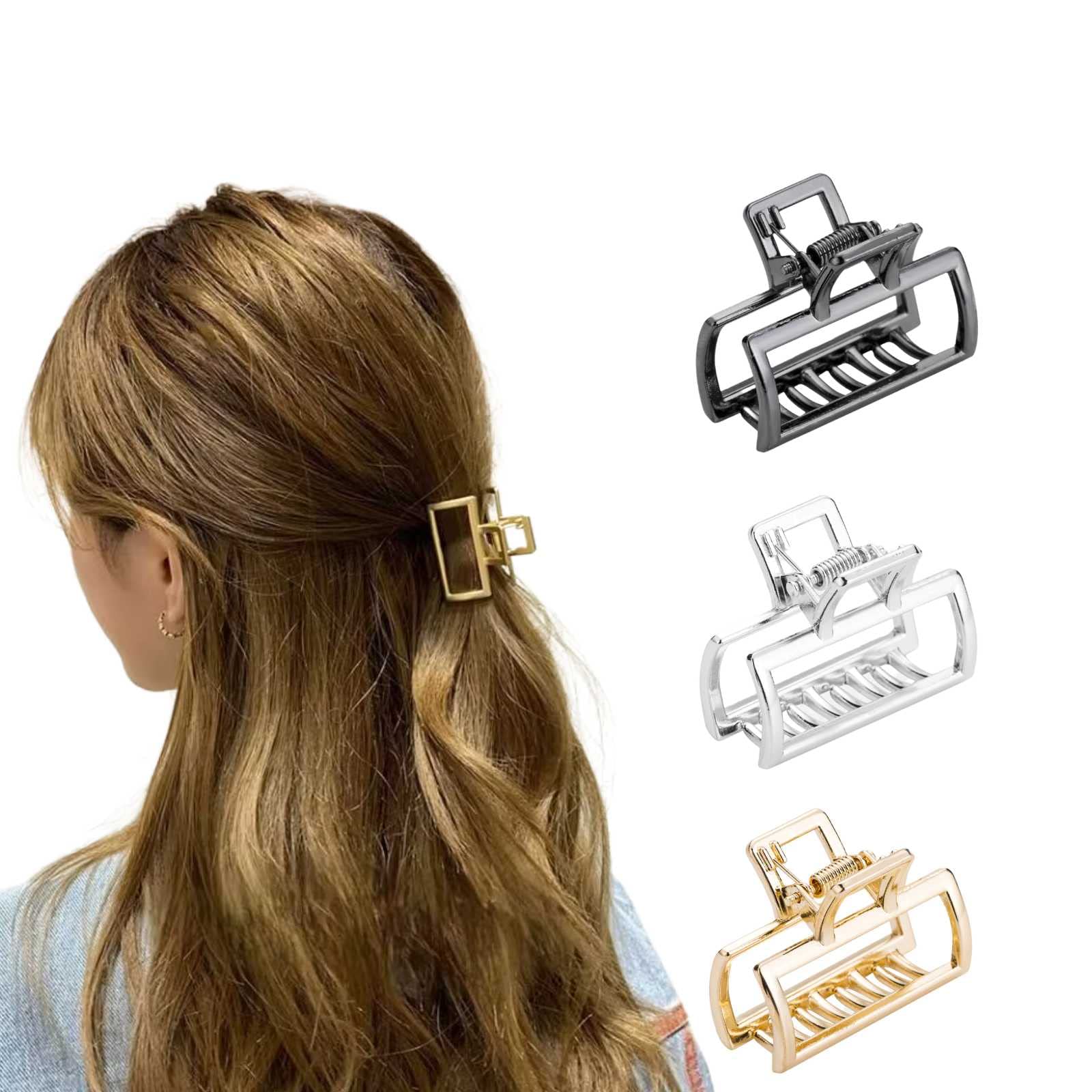 3 Pcs Small Hair Claw Clips Rectangular Metal Hair Clips Women Hair Accessories For Women Girls (Gold, Silver, Black)