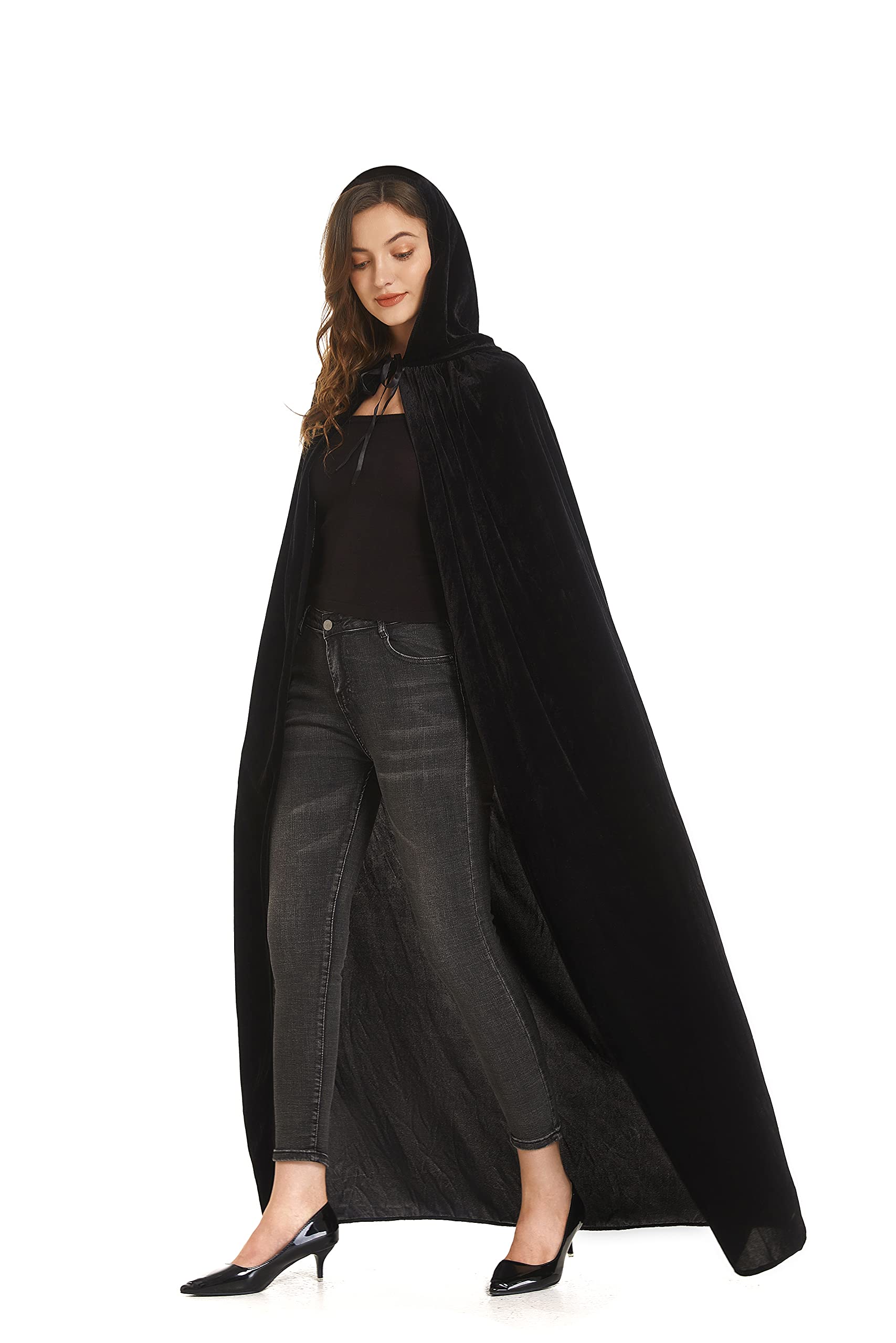 DIFLY 59-inch Velvet Hooded Cape Unisex Halloween Cloak Devil Witch Wizard Halloween Christmas Cosplay (Black)(Size: L)