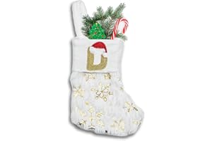 ASEOJOON 6 inches Initial Monogram Christmas Stocking with Embroidered Letters Personalized Small Plush Xmas Hanging Stocking with Sequin Snowflake for Holiday Tree Fireplace Decor (D-Letter, Gold)
