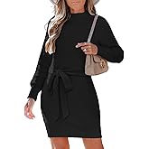 SunnyMelody Womens Mock Turtleneck Self Tie Waist Sweater Dress Winter 2025 Dressy Ribbed Knit Long Sleeve Mini Dresses