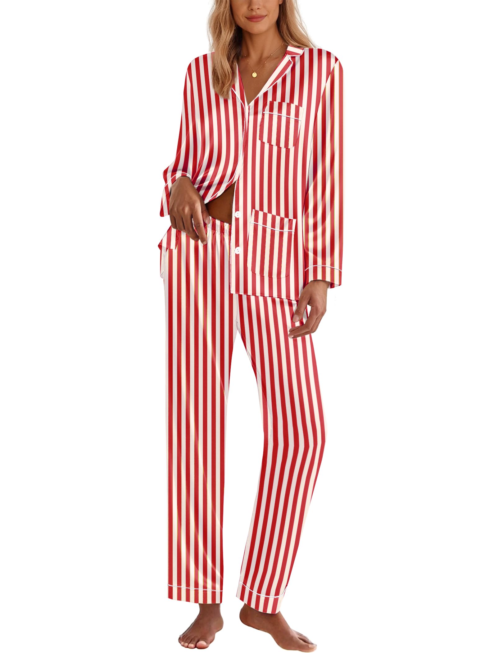 Ekouaer Silk Pajamas for Women Classic Button Down Satin Pajama Sets Long Sleeve Lounge Set Image