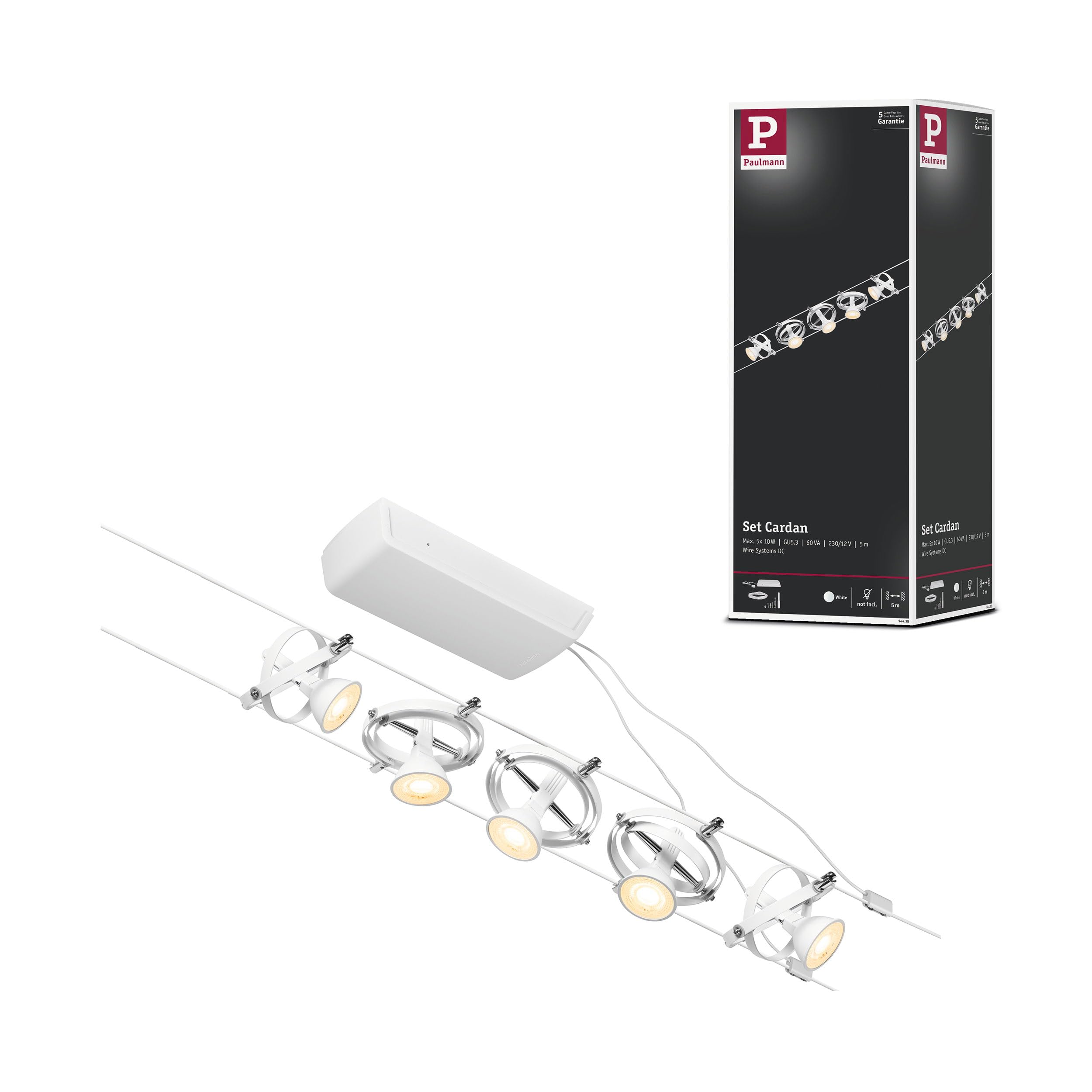 Paulmann 94438 CorDuo Lighting Set - Cardan DC, Max 5 x 10 Watt Extendable Wire Cable System Matt White Plastic GU5.3
