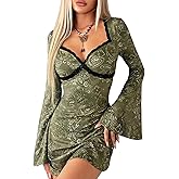 Milumia Women's Vintage Long Bell Sleeve Short Dress Sweetheart Neck Flared Hem Mini Dresses