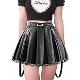 Littleforbig Women's A-Line Pleated Faux Leather Flared Casual Lace Trim Mini Skirts - Troublemaker