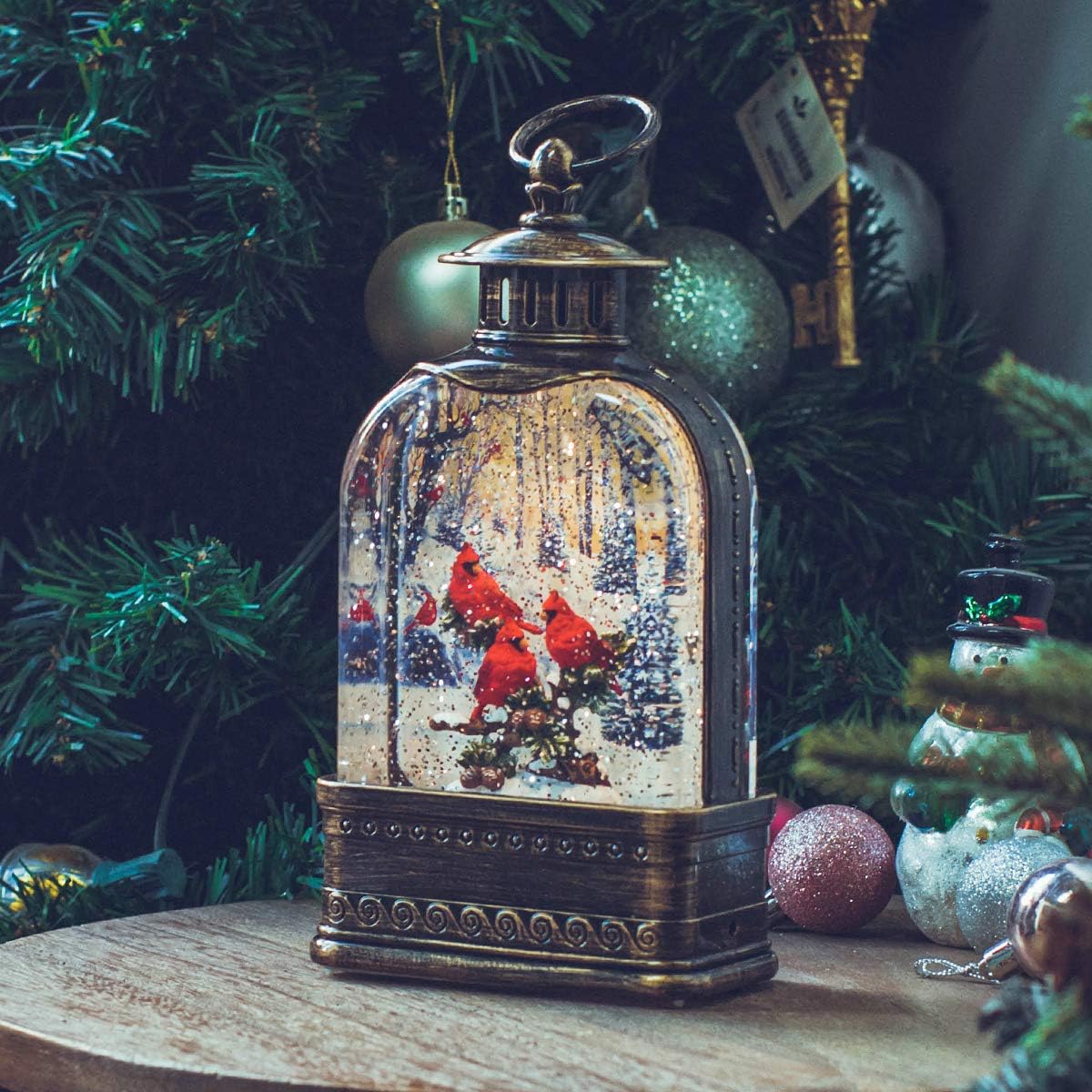 SUNFACE 9.4" Cardinal Scene Christmas Snow Globe Musical Water Lantern