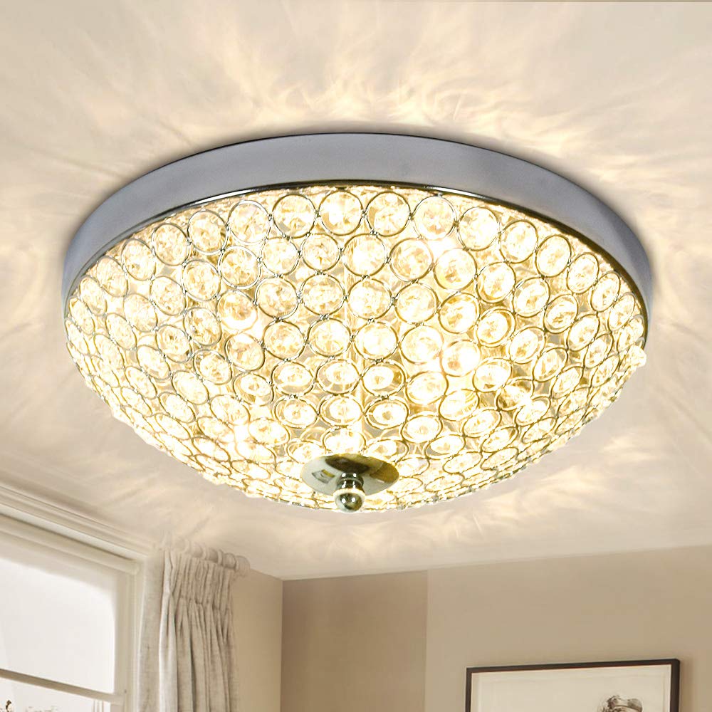 Depuley Luxurious Crystals Ceiling Lights,2-Light Chrome Flush Mount LED Ceiling Light,Bowl Shape Modern Elegant Crystal Chandelier Lighting for Living Room,Bedroom,Hallway(E14bulbs not Included)