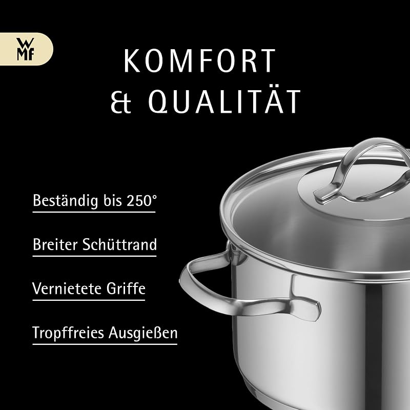 Provence Plus, Set Pentole Acciaio Inox 18/10 Lucido, con Coperchio in Vetro, Scala Graduata Interna, Adatto a Cottura su Gas, Induzione e Forno, Resistenti Fino a 250°C, Lavabili in Lavastoviglie