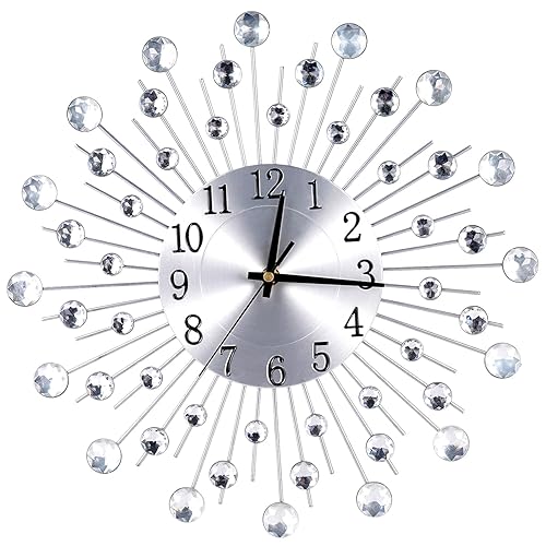 COMBIUBIU Silver Wall Clock Crystal Stylish Diamond Wall Clocks 38cm Modern Wall Clock Silent Metal Clock for Living Room Bedroom Home Wall Art Decoration