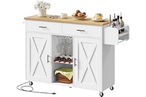 HOOBRO Kitchen Island with Storage, Rolling Island Cart on Wheels, Kitchen Island Table with Charging Station, 2 Drawers, Sto