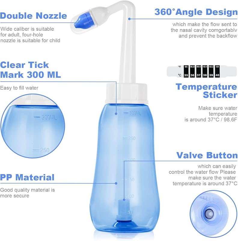 Lavagem nasal para adultos, irrigador nasal de 300ml com 2 bicos, Neti Pot com sal nasal e termómetro autocolante, limpador nasal para crianças adultas para alívio da congestão nasal e limpeza nasal