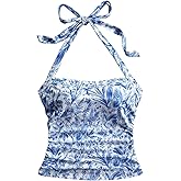SOLY HUX Women's Floral Print Halter Neck Crop Tops Tie Backless Fitted Tank Shirts Summer Vacation Clothes