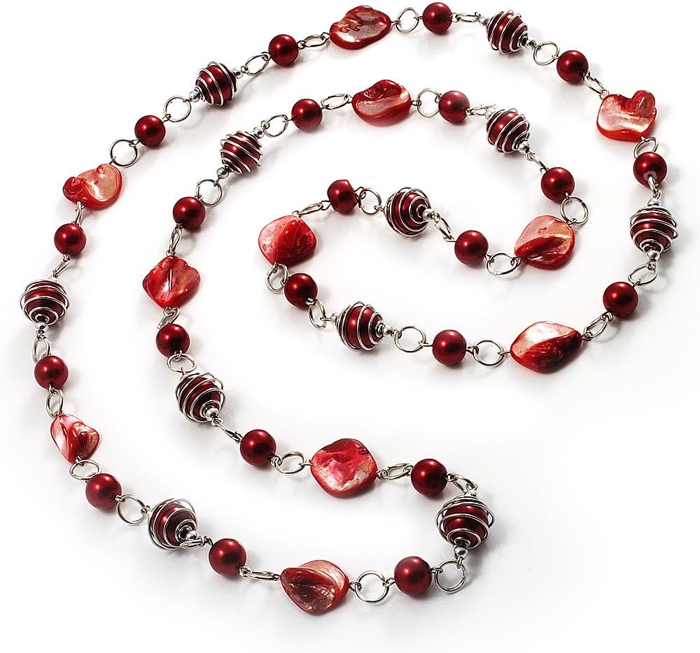 Red Long Shell Composite & Imitation Pearl Bead Silver Tone Necklace (120cm)