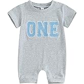 Newborn Baby Girl Boy 1st Birthday Romper Casual Letter One Embroidery Short Sleeve Romper Jumpsuit Shirt for Summer