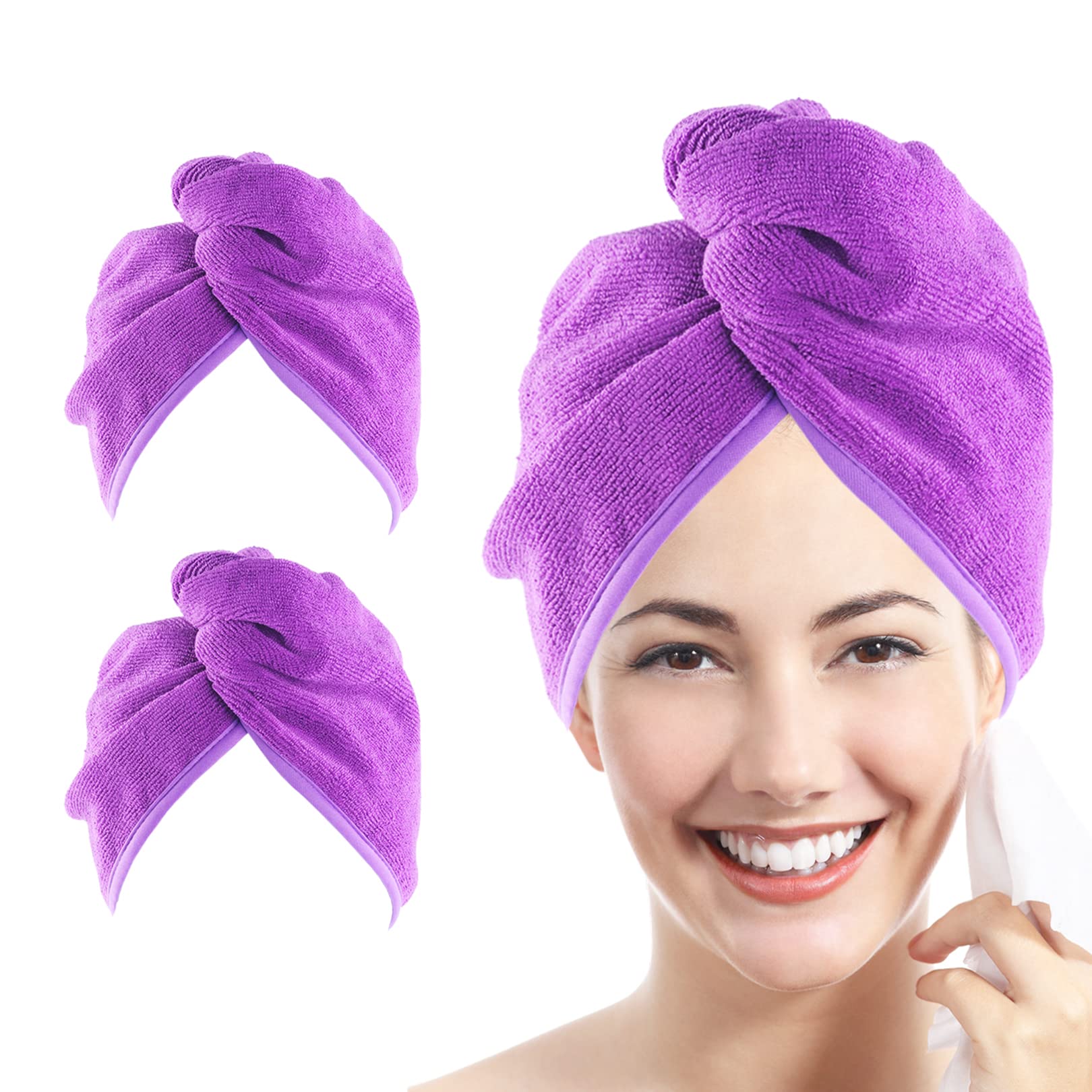 YoulerTex Microfiber Hair Towel Wrap for Women, 2 Pack 10 inch X 26 inch, Super Absorbent Quick Dry Hair Turban For Drying Curly, Long & Thick Hair (Purple) — image 1