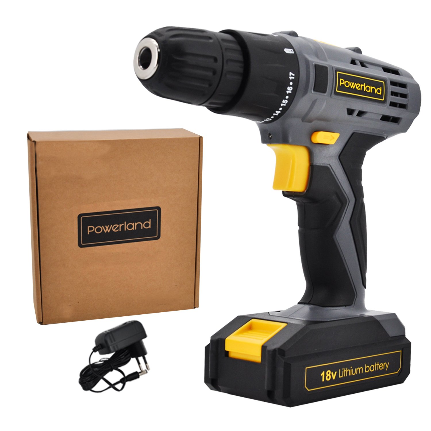 Powerland Perceuse visseuse sans fil TC-CD (Li-lon, 18V,,1 vitesses, Mandrin amovible monobloc (10 mm), Eclairage LED, Livré en coffret + chargeur rapide)