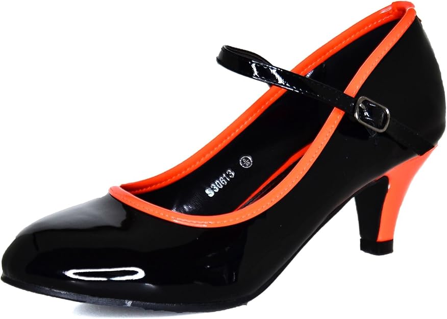 Ladies Black Low Mid Heel Mary Jane Shoes Glossy Pumps Black Orange