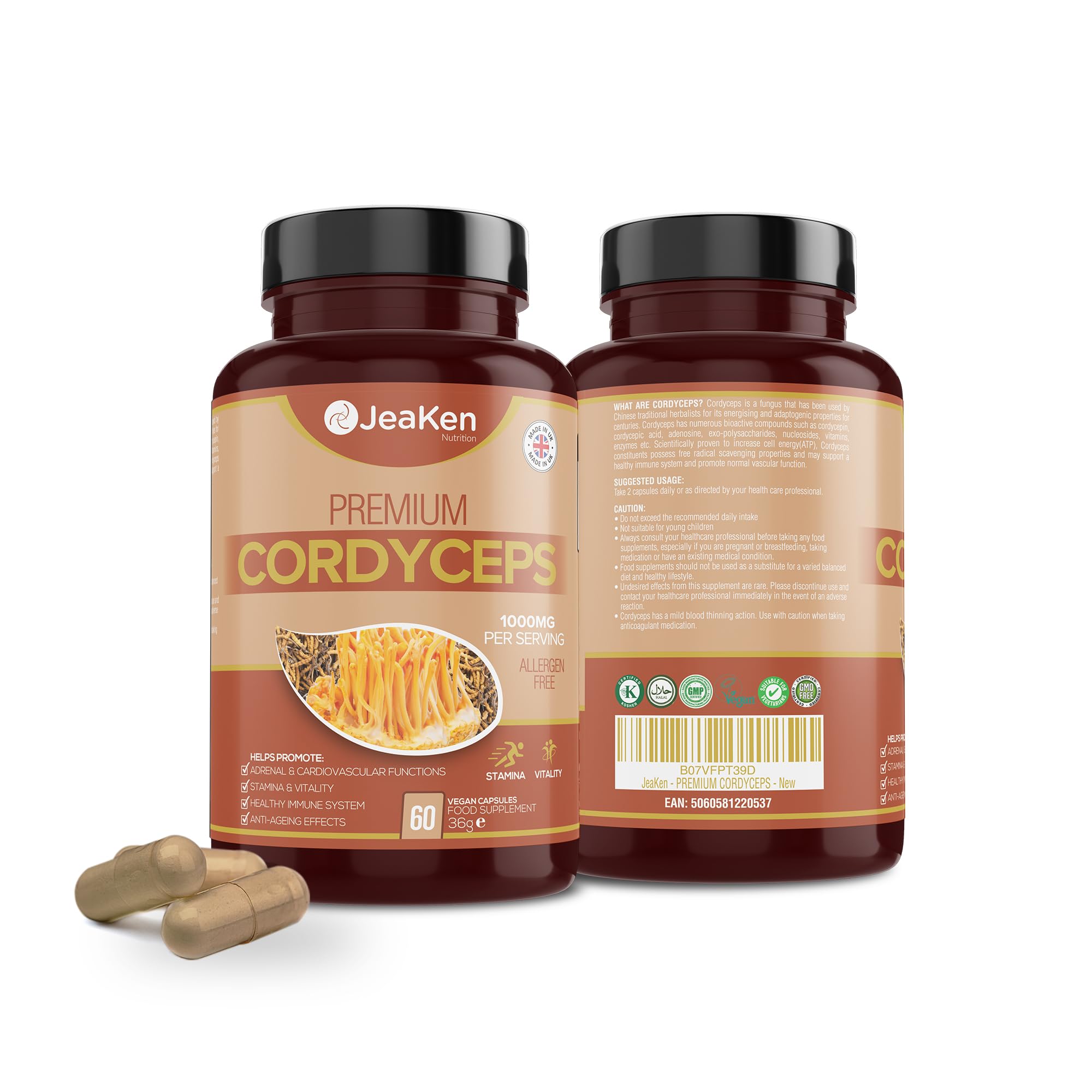JeaKen - CORDYCEPS Mushroom Capsules - Adaptogen Mushroom from Pure Cordyceps Powder - Anxiety and Stress Relief Supplement - Improves Stamina and Vitality - 60 Allergen Free Vegan Capsules - Non-GMO