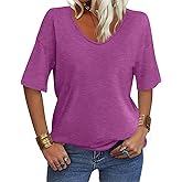 EasyGala Women's V Neck Tops Elbow Length Shirts Loose Fit Summer Tops Basic Tees