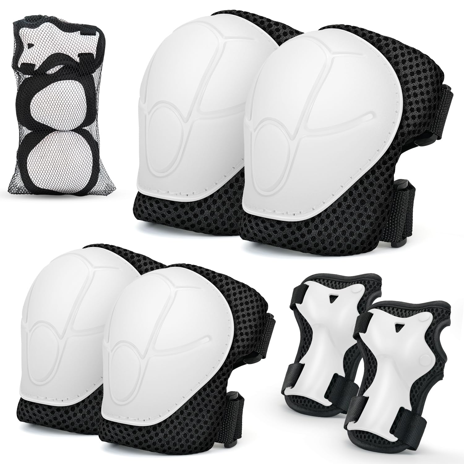 Kids Knee And Elbow Pads ,6pcs Wrist Guard Knee And Elbow Pads for Children, Kids Sports Protective Gear Set With Mesh Bag for Skateboard, Roller Skating, Biking, And Outdoor Multi-Sports (White)