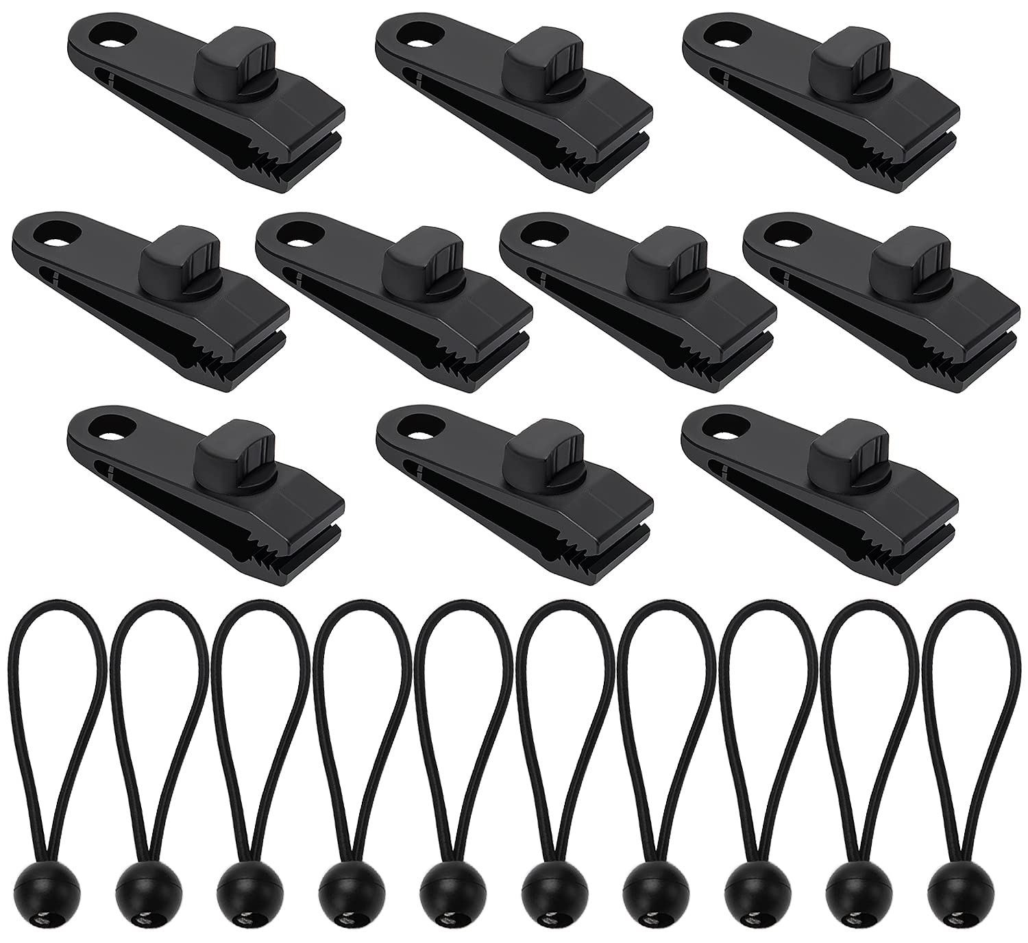 YIXISI 10 Sets Tarp Clips, Tarp Clip Heavy Duty Tent Clips, Lock Grip Awning Clamp, Tent Snaps Ball Bungee Cord, for Tents, Tarp, Boat Cover, Pool Cover, Car Cover (10 Tent Clips + 10 Tied Ropes)