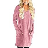 LERUCCI Tunic Sweatshirts for Women V-Neck Casual Long Sleeve Loose Pockets Tunic Tops Blouse T-Shirt Pink S