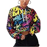 OYOANGLE Women's Crop Hoodie Long Sleeve Fashion Graffiti Print Hooded Sweatshirt Pullover Top