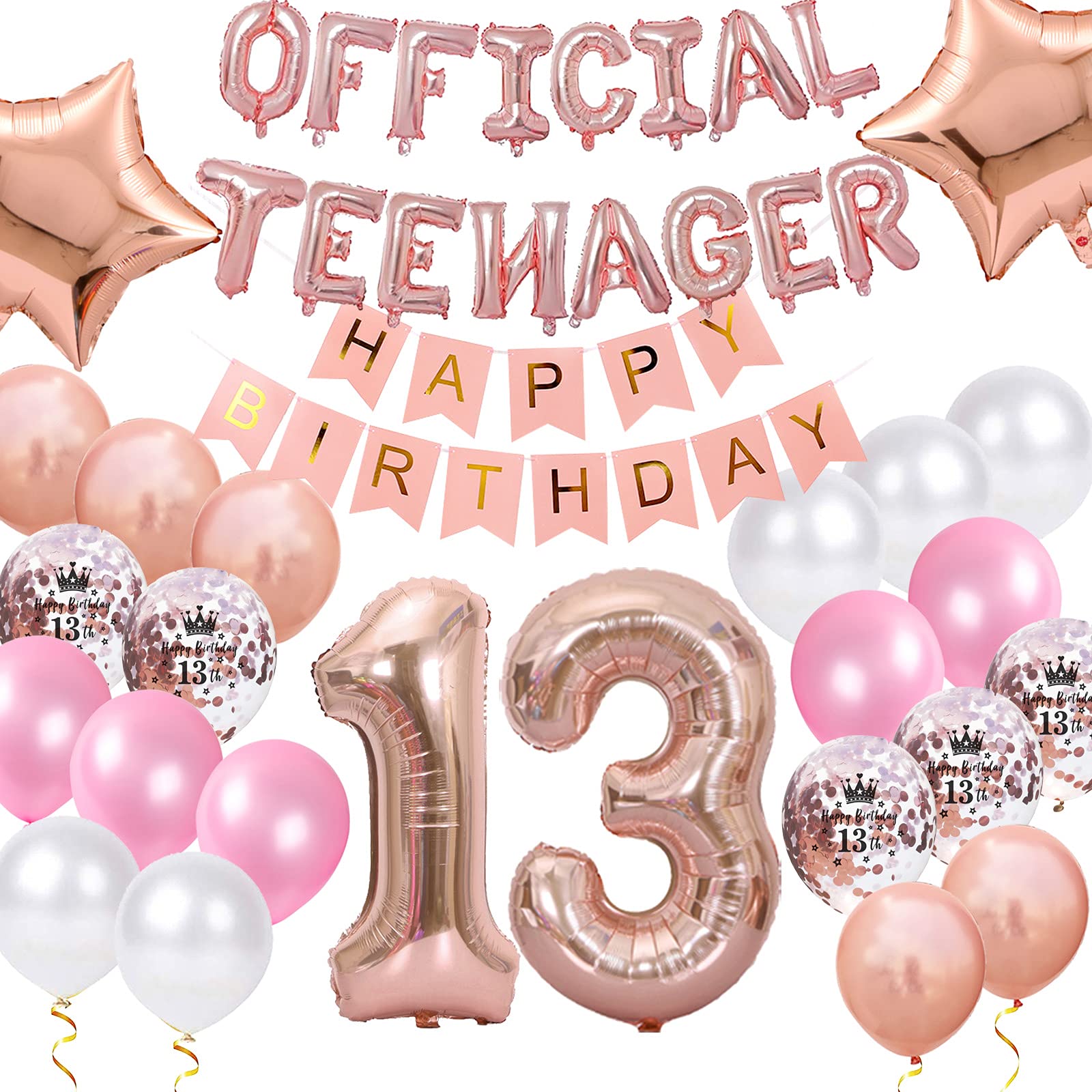 Official Teen 13th Birthday Decorations for Girls - Rose Gold Number 13, Birthday Star Foil & Confetti Balloons